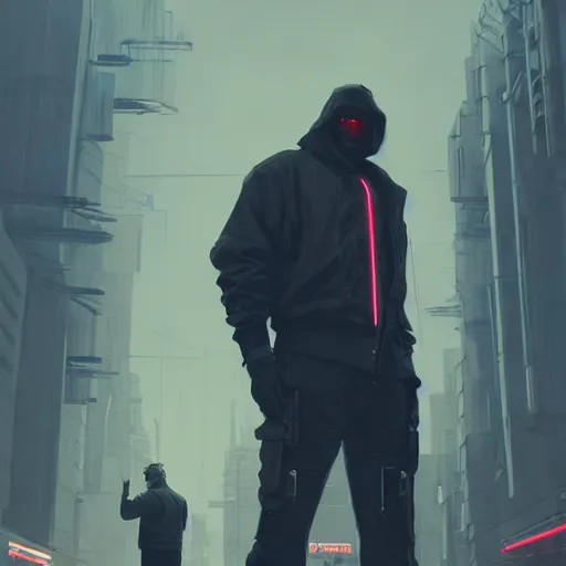 Prompt: A broad shouldered, large man in a techwear outfit, high quality, digital art, dire cyberpunk city, gray sky, neon signs in background, greg rutkowski