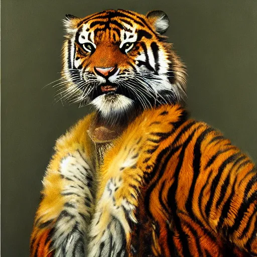 Image similar to Portrait Portrait of Pootie Tang the tiger emerging from poofy tigerskin coat whilst standing atop a cloud-covered mountain peak dan witz paul klee andrew wyeth tom bagshaw stanton feng bastien lecouffe-deharme tombow oil painting