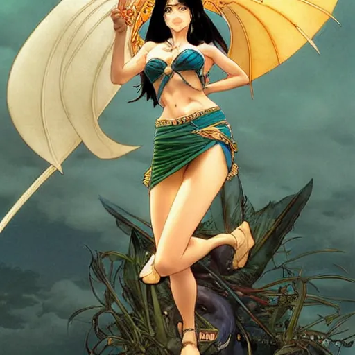 Image similar to highly detailed vfx portrait of nico robin by eiichiro oda!, makoto shinkai, alphonse mucha, sharp focus, art by artgerm and greg rutkowski!, harsh overhead sunlight, blue eyes!!, large aquiline nose!!, stanley kybric, kaoru mori, intricately detailed,