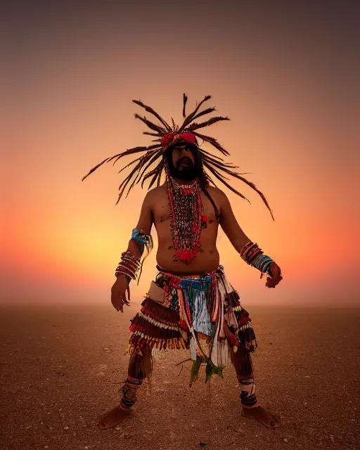 Image similar to tribal chaman dancing as vegetation and flowers grows up around him on the dry desert with cracked soil with fog, epic photography, sunset lighting , 8k