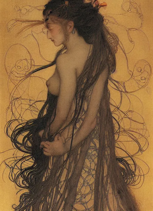 Prompt: hyper realistic traditional japanese illustration of folk german maiden in the style of austin osman spare, wayne barlowe, gustav moreau, goward, gaston bussiere and roberto ferri, santiago caruso, bouguereau, klimt, saturno butto, sorayama. occult art, alchemical diagram