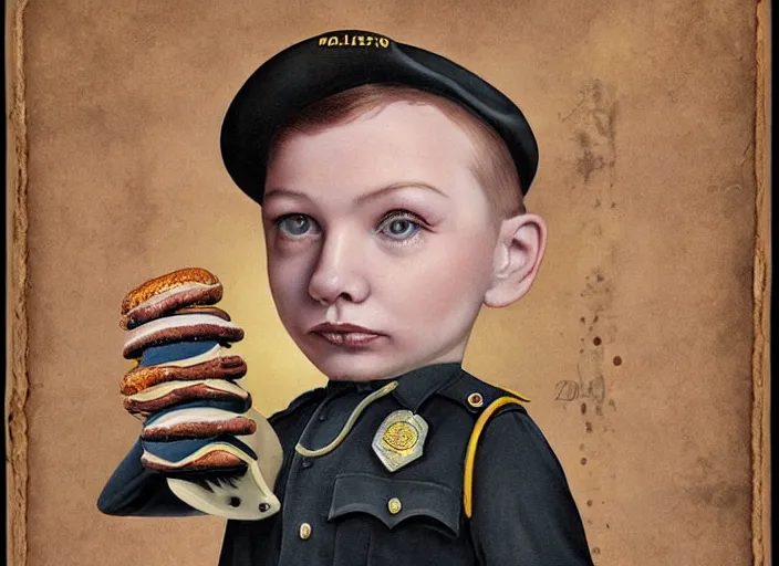 Image similar to a police officer made of donut, lowbrow, matte painting, 3 - d highly detailed, in the style of mark ryden,