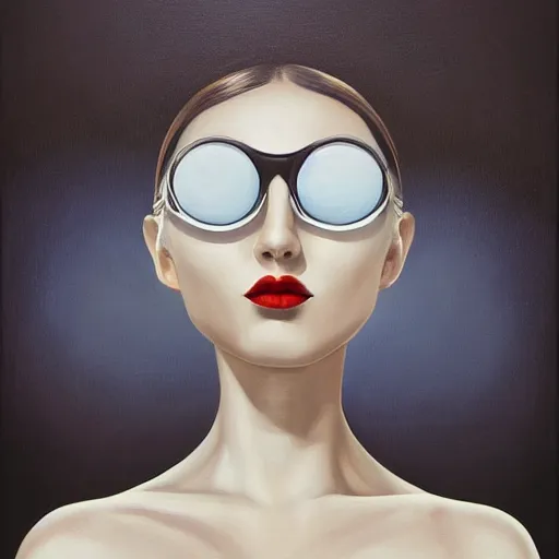 Image similar to a painting of a stylish person in the future, an ultrafine detailed painting by rafal olbinski, behance contest winner, pop surrealism, detailed painting, very detailed, minimalist, skeuomorphic, airbrush art