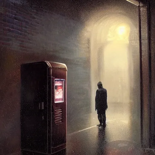 Prompt: a drenched man in a dark rainy alleyway standing in front of a vending machine that opened a portal into another dimension, vivid caustics, realistic photography, beautiful interior, hyperrealism, incredible, award - winning photography, by greg rutkowski, lovecraftian