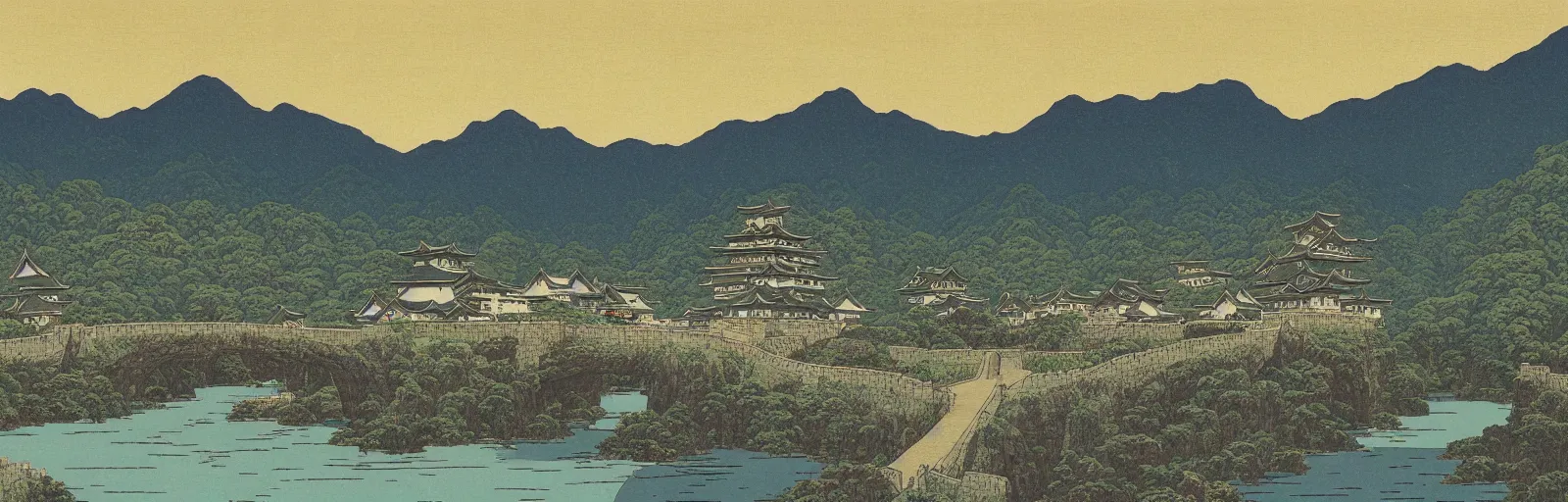 Image similar to landscape painting of multiple large interconnected castles and keeps,moat,bridge,mountains,oil canvas,night sky,by Paul Bril and Kawase Hasui masterpiece,high quality,pretty,fantasy,impossible