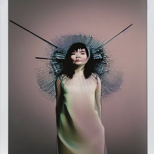 Prompt: Portrait of Bjork in an Issey Miyake dress, ethereal, polaroid