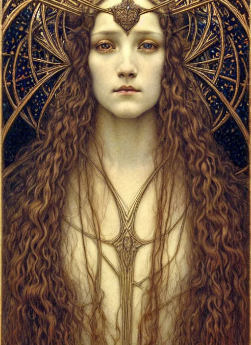 Image similar to detailed realistic beautiful young medieval queen face portrait by jean delville, gustave dore and marco mazzoni, art nouveau, symbolist, visionary, gothic, pre - raphaelite. horizontal symmetry