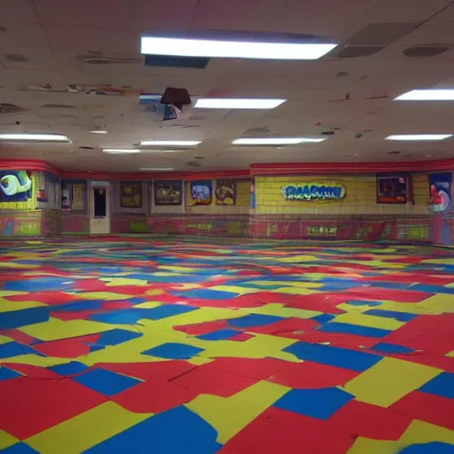 Image similar to photo of an abandoned Chuck E. Cheese, taken at night