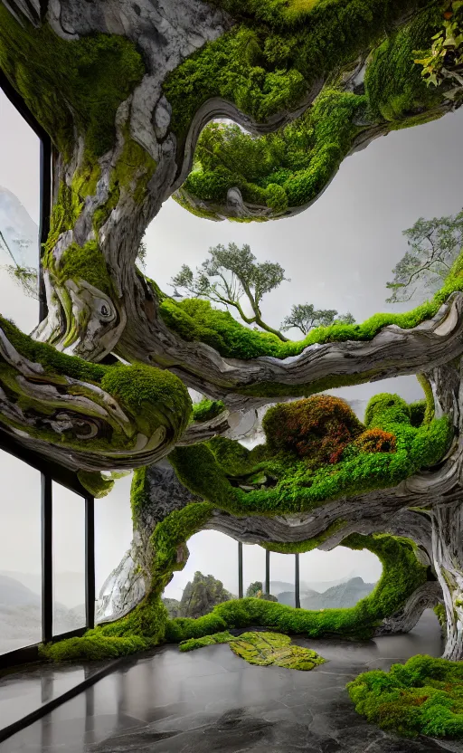 Image similar to highly detailed villa natural beautiful light interior soft cinematic composition of a smooth ceramic porcelain biomorphic magnolia stone nebula fluid sci - fi surreal colorful architecture landscape, furniture, granite, trees, marble, moss, lichen, fungi, vincent callebaut composition, mamou - mani, archviz, 8 k, unreal engine, hdr