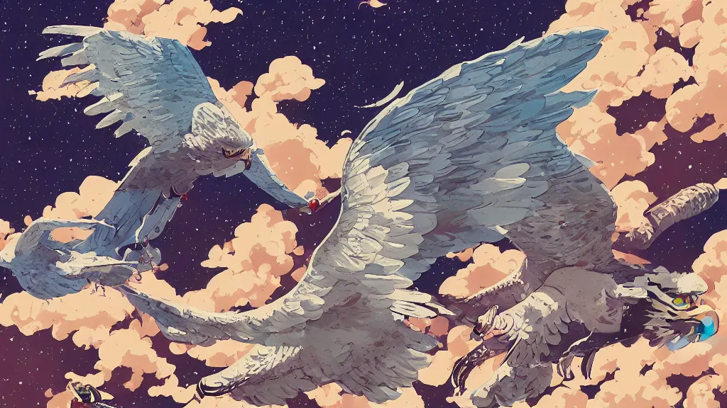 Image similar to very detailed, ilya kuvshinov, mcbess, rutkowski, watercolor pixar quilt ghibli illustration of hawks in flight, colorful, deep shadows, astrophotography, highly detailed, wide shot