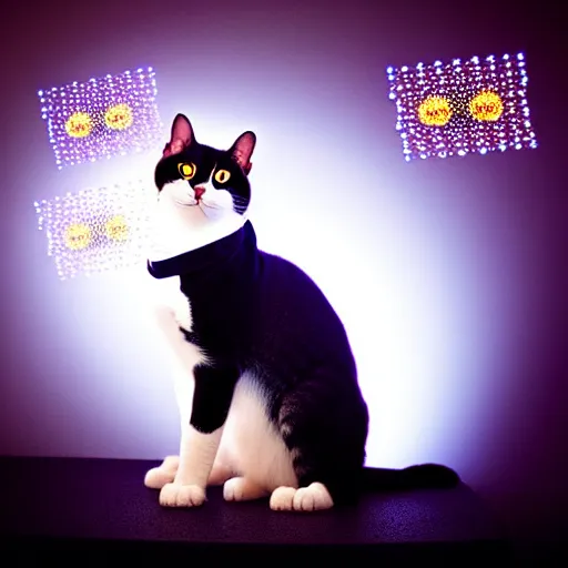 Prompt: A tuxedo housecat with playing with a swarm of glowing nanobots. iphone photograph 35mm. studio lighting. trending on instagram.