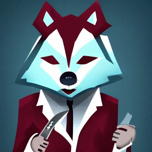 Prompt: an anthropomorphic wolf wearing a suit holding a knife dripping with maroon liquid, digital art, well lit