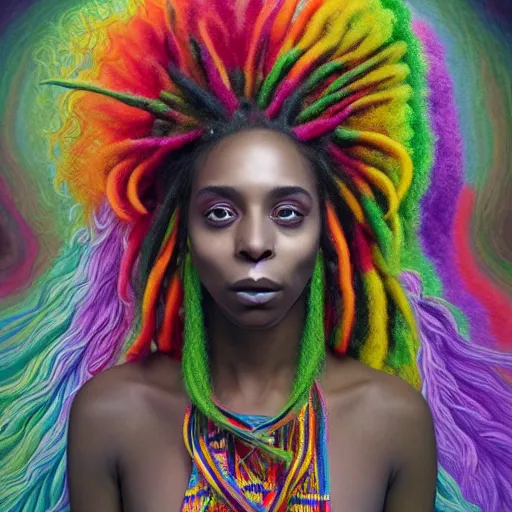 Image similar to a wide angle shot of a black girl with colorful dreadlocks in a field of candy, by Adi granov and afarin sajedi and amanda sage and evgeni gordiets and Agostino Arrivabene and adonna khare in a psychedelic portrait style, ultrarealistic matte painting, volumetric lighting, fractal, extremely symmetrical, highly detailed face, orisha, 8k, hd