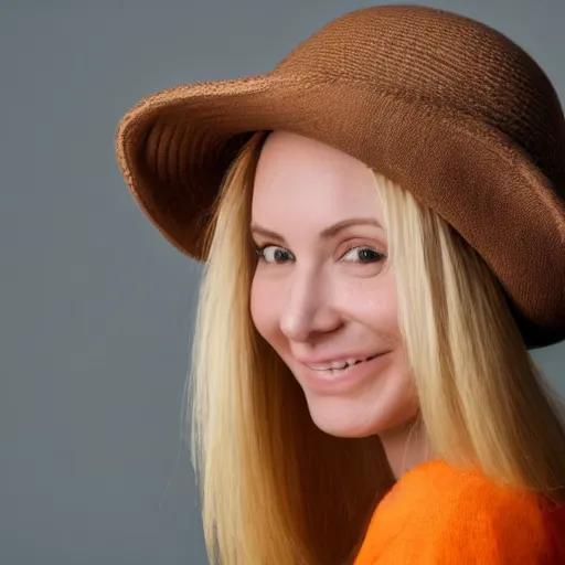 Image similar to portrait tres jolie d'une souriante femme 2 5 ans, cheveux moyen jaune blonde caractere avec un chapeau orange, cheveaux sorte un peu du chapeau, la femme mets sa main sur le chapeau pour essayer de le retenir.