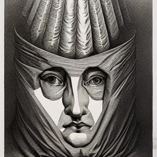 Image similar to lithography on paper conceptual figurative post - morden monumental portrait by goya and escher and hogarth, illusion surreal art, highly conceptual figurative art, intricate detailed illustration, controversial poster art, polish poster art, geometrical drawings, no blur