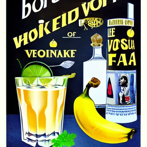Prompt: poster of fancy vodka with a whole banana in the glass