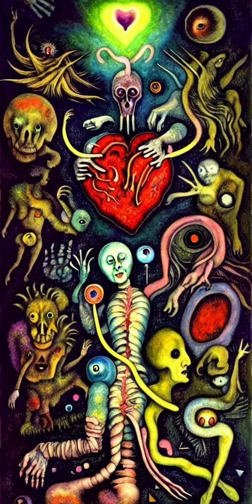 Image similar to mythical creatures and monsters in the visceral anatomical human heart imaginal realm of the collective unconscious, in a dark surreal mixed media oil painting by bosch and kandinsky, dramatic lighting from inner fire