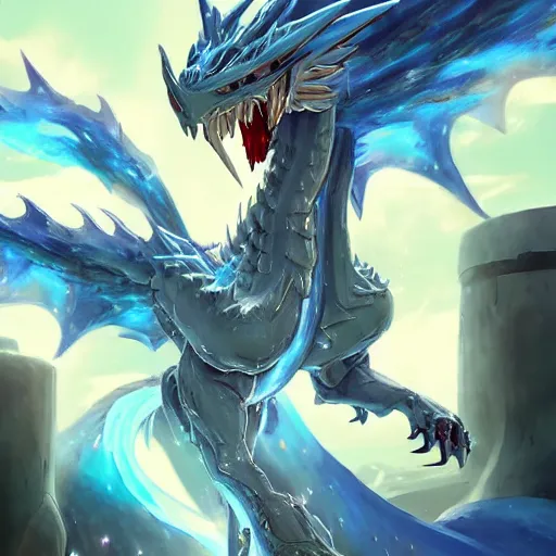 Image similar to a blue eye white dragon, yugioh card game art, battlefield background, bright art masterpiece artstation. 8 k, sharp high quality artwork in style of jose daniel cabrera pena and greg rutkowski, concept art by tooth wu, blizzard warcraft artwork, hearthstone card game artwork, yugioh artwork