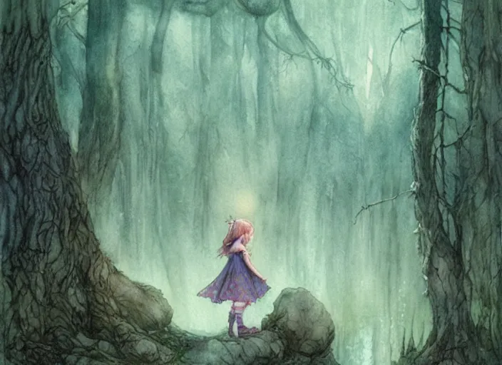 Image similar to young elf girl singing in the forest with fairy lights, light ground fog, river, detailed fantasy watercolor comic style, subtle colors, by alan lee and tony sart