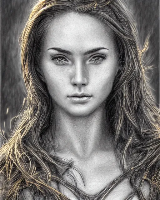 Image similar to pencil sketch portrait of woman in shining golden armor, high production value, intricate details, high resolution, hdr, high definition, masterpiece, realistic, ultrarealistic, highly detailed, hd, sharp focus, non blurry, sharp, smooth