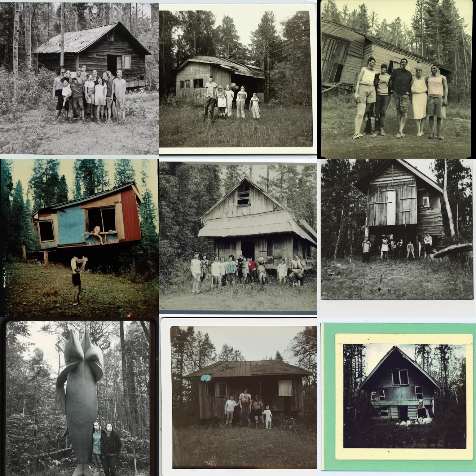 Prompt: a group polaroid photo of an oversized fish standing on its tail facing the sky and a happy human family next to it. ( abandoned wooden house surrounded by a dense forest is in the background )