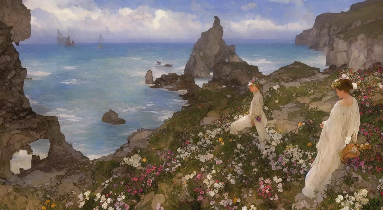 Prompt: A beautiful landscape painting of a small cornish village by the sea and cliffs by Alfons Maria Mucha and Julie Dillon and Makoto Shinkai