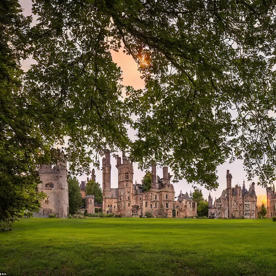 Prompt: a Tudor style village in the shadows of an enormous Gothic Revival architecture castle in a lovely meadow at dusk