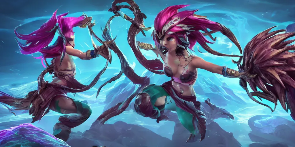 Image similar to wild rift skins concept art of Ocean Song Akali (wild rift). 3d render, octane render, realistic, highly detailed, trending on artstation, 4k, trending on artstation, pixar, cgsociety, unreal engine 5, redshift render, trending on artstation, blender, behance, cg