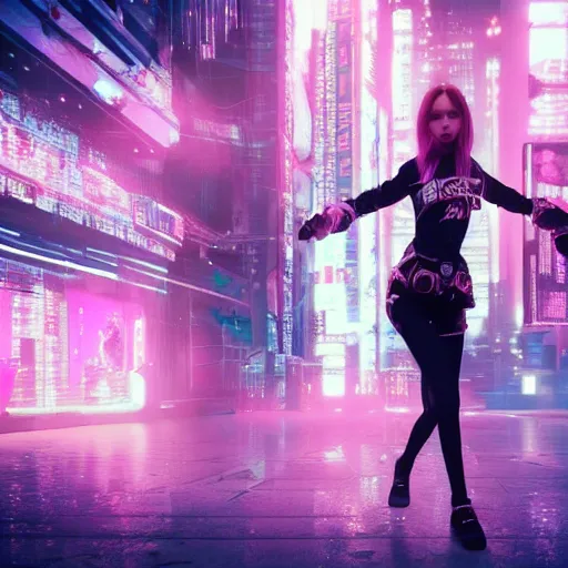 Image similar to a girl like (yoona, Elle Fanning), dancing, background cyberpunk city, kpop, fullshot, photo, volumetric lighting, epic composition, intricate details, dark neon punk, by KDA