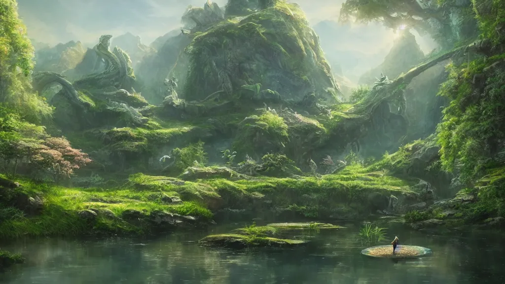 Prompt: a ultradetailed beautiful matte painting of a peaceful pond with a clear water where a majestic ancient dragon with intricate green scale is peacefully sleeping, dynamic lighting, cinematic lighting, lit by morning light, by krenz cushart and artgerm, unreal engine, featured on artstation