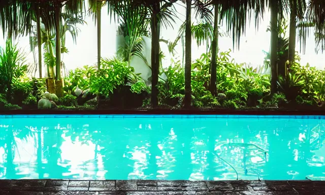 Image similar to indoor pool with ferns and palm trees, pool tubes, chromatic abberation, dramatic lighting, depth of field, 80s photo