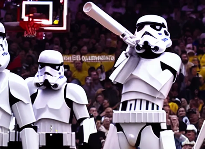 Image similar to ESPN still of Storm trooper playing in the nba playoffs live on espn, 4k