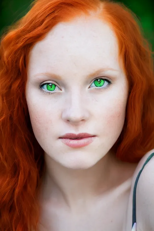 Image similar to a portrait of a redhead beautiful girl, green eyes, highly detailed, 3 5 mm f 1. 4 background silver fir