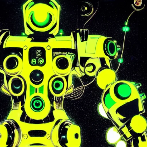 Prompt: the headless full - metal kerberos robot sirius in electrical wired neon yellow noir outfit, with eye - shaped neon lights in its torso, anime poster by yoji shinkawa, artgerm, esao andrews and yoshitaka amano