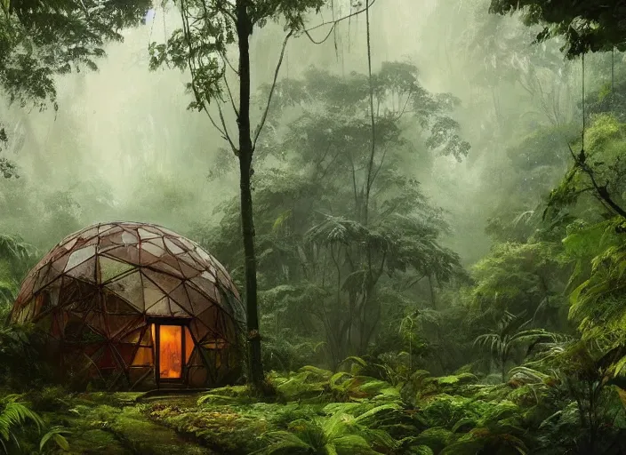 Image similar to a beautiful painting of a geodesic house in a moist tropical rainforest, by greg rutkowski, realism, artstation, nature