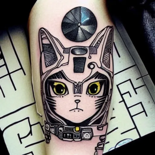 Prompt: Anime manga robot!! cat tattoo, cyborg cat, exposed wires and gears, fully robotic!! cat, manga!! in the style of Junji Ito and Naoko Takeuchi, cute!! chibi!!! cat, tattoo on upper arm, arm tattoo