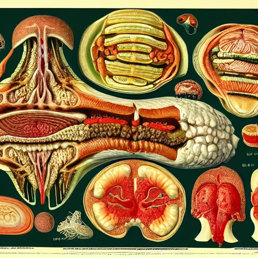 Image similar to hamburger anatomy by ernst haeckel, masterpiece, vivid, very detailed