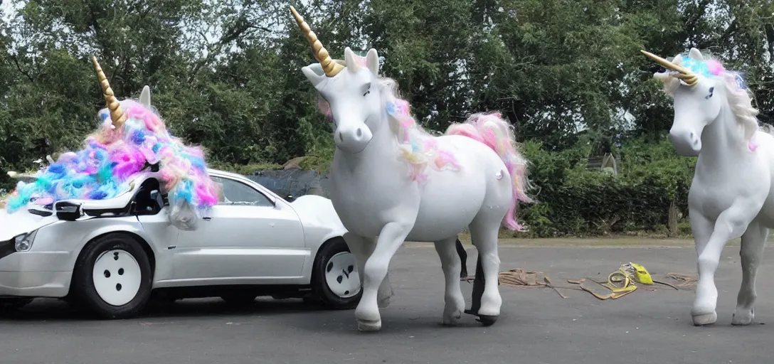 Image similar to a unicorn with a car on its head