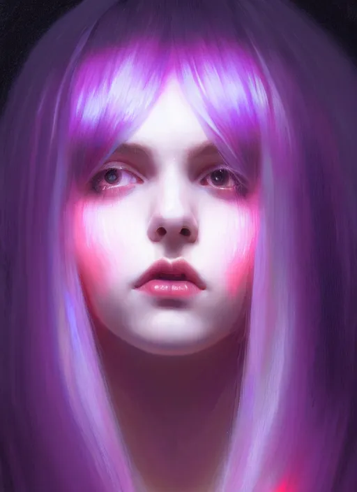 Image similar to hair whitebangs hair, white hair, whitebangsblackhair, portrait of teenage girl with white bangs, red irises, purple clothes, intricate, elegant, glowing lights, highly detailed, digital painting, artstation, concept art, sharp focus, illustration, art by wlop, mars ravelo and greg rutkowski