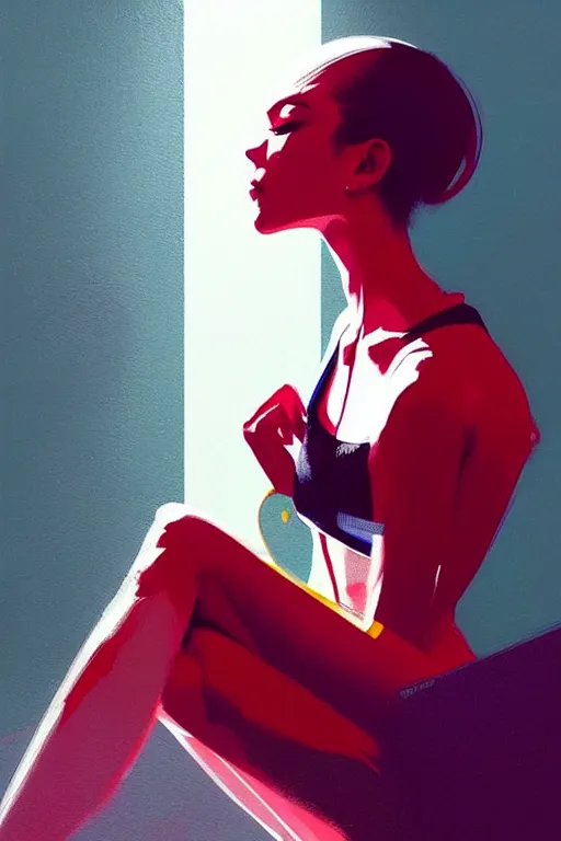 Image similar to a ultradetailed beautiful painting of a stylish woman sitting on the floor of a tiled room, by greg rutkowski, conrad roset, and ilya kuvshinov trending on artstation