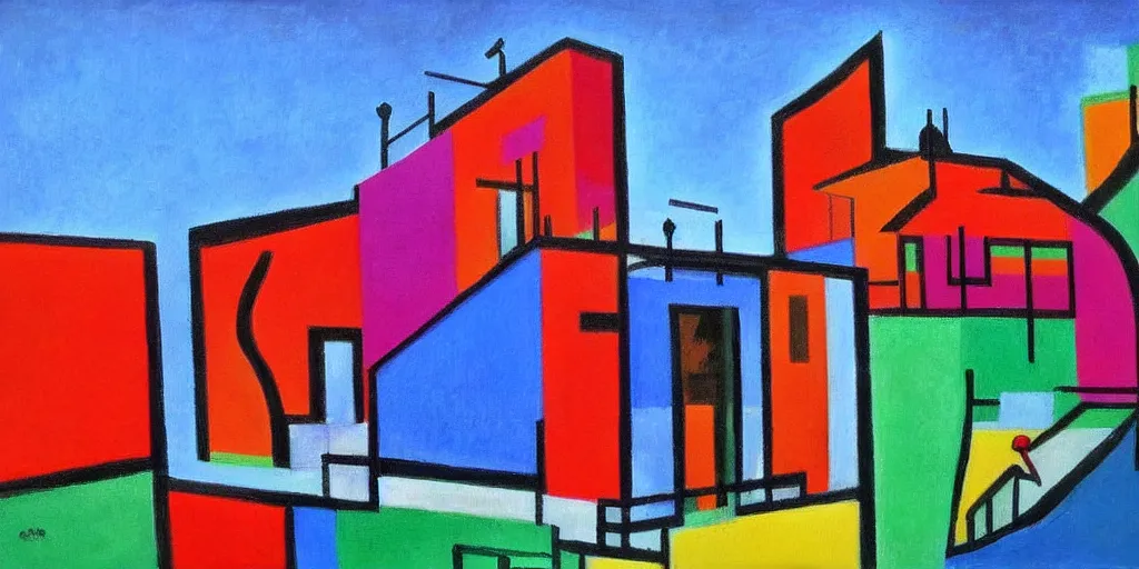 Prompt: colorful painting of tel aviv bauhaus architecture in the style of henri matisse