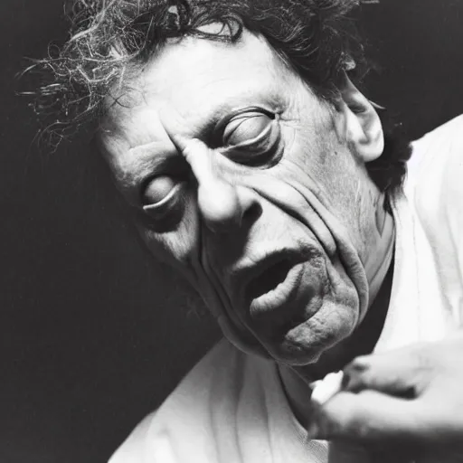 Prompt: Philip Glass putting LSD on his tongue