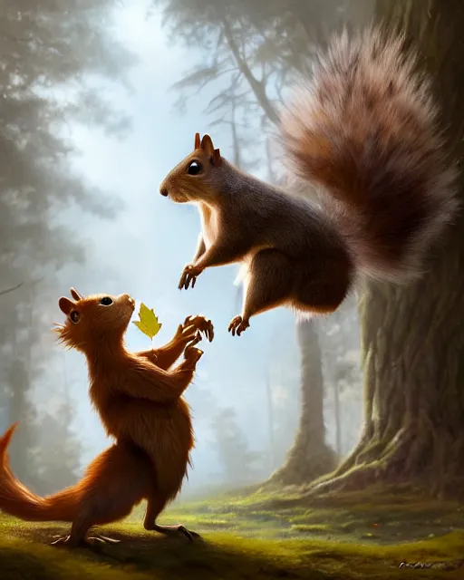 Image similar to oil painting of Anthropomorphized Squirrel attacking a monster, wearing leaf cloak,, sharp focus, fantasy style, octane render, volumetric lighting, 8k high definition, by greg rutkowski, highly detailed, trending on art Station, magic the gathering artwork, magical forest backround, centered