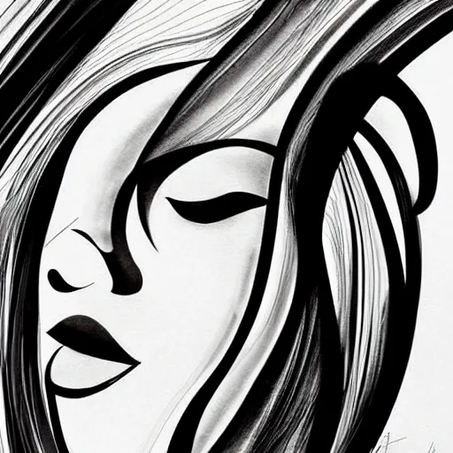 Image similar to the abstract painting of an image of a lady artistic flat illustration by by Patrick Guyton,creative art,soft colors mono chromatic, black color on white background