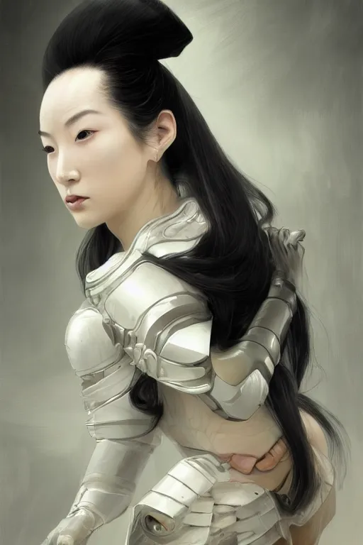 Prompt: >> professional portrait of a cryogenic assassin geisha , dynamic pose , white paled skin , some curved armor , olive skin, long dark hair, beautiful bone structure, symmetrical facial features, intricate, elegant, digital painting, concept art, smooth, sharp focus, illustration, by Ruan Jia and Mandy Jurgens , and mucha, and Artgerm and William-Adolphe Bouguerea