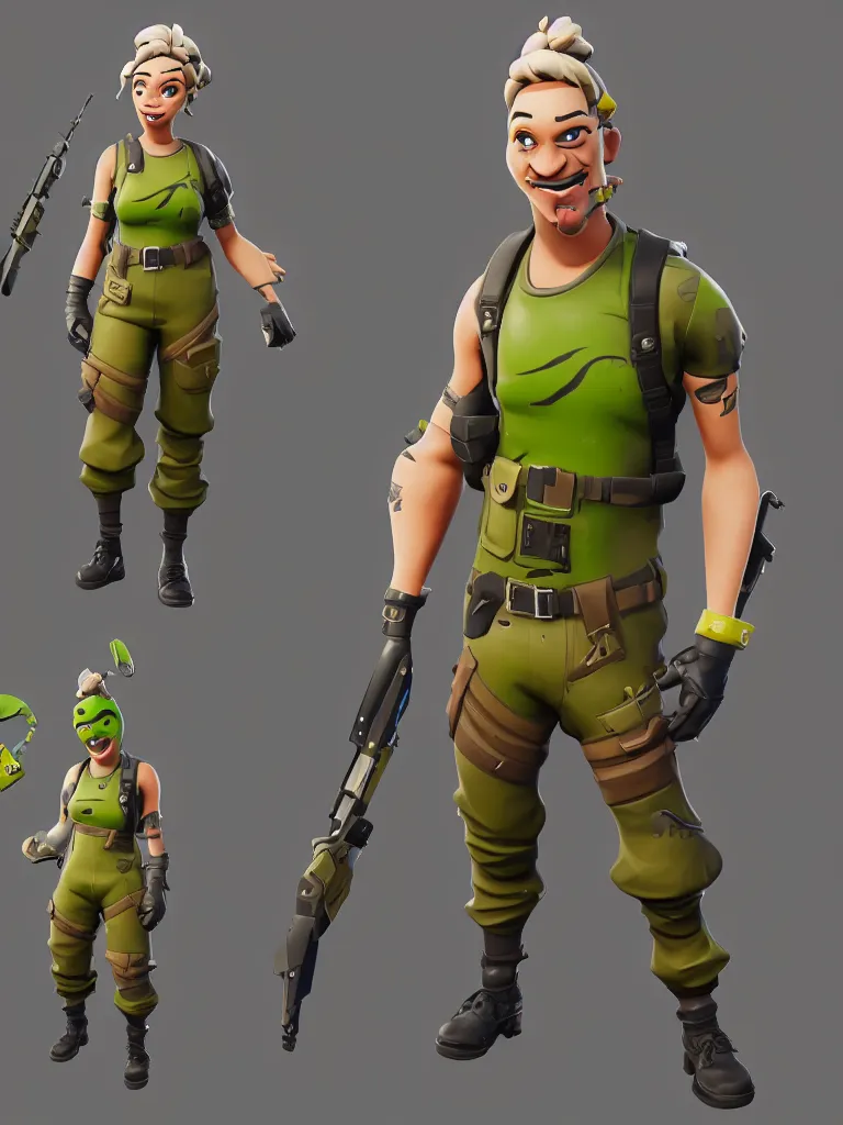 Image similar to fortnite character design, anthropomorphic pickle, kind eyes and a derpy smile. flak jacket, ammo bandolier, cargo pants, black combat boots. fortnite style, unreal engine