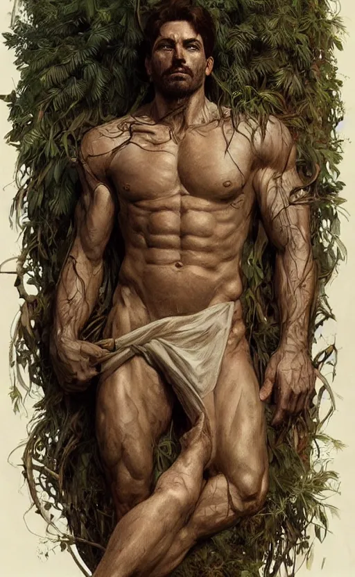 Image similar to god of the forest, 30 years old, rugged, male, gorgeous, detailed face, anatomically correct hands!!!!!!, amazing, thighs!!!!!!, muscular, intricate, highly detailed, digital painting, artstation, concept art, sharp focus, illustration, art by greg rutkowski and alphonse mucha