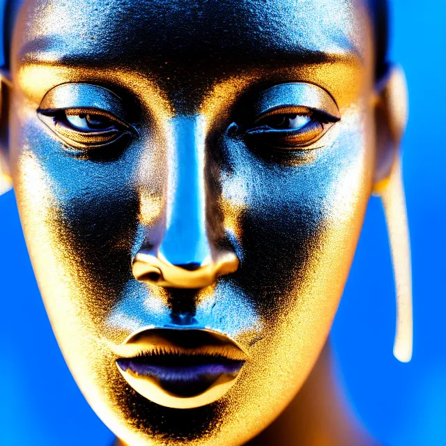 Image similar to portrait of metallic face, african woman, mercury, reflections, smooth liquid metal texture, proud looking, outdoor, nature, blue sky, 8 k, realistic, depth of field, highly detailed, art photography