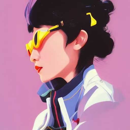 Image similar to Portrait painting Miki matsubara wearing a jacket and a collar, as an Overwatch character, medium shot, asymmetrical, profile picture, Organic Painting, sunny day, Matte Painting, bold shapes, hard edges, street art, trending on artstation, by Huang Guangjian and Gil Elvgren and Sachin Teng