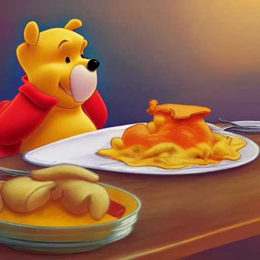 Image similar to president winnie the pooh eating lasagne, award winning photography, extremely detailed, artstation, 8 k, sensual lighting, incredible art, wlop, artgerm